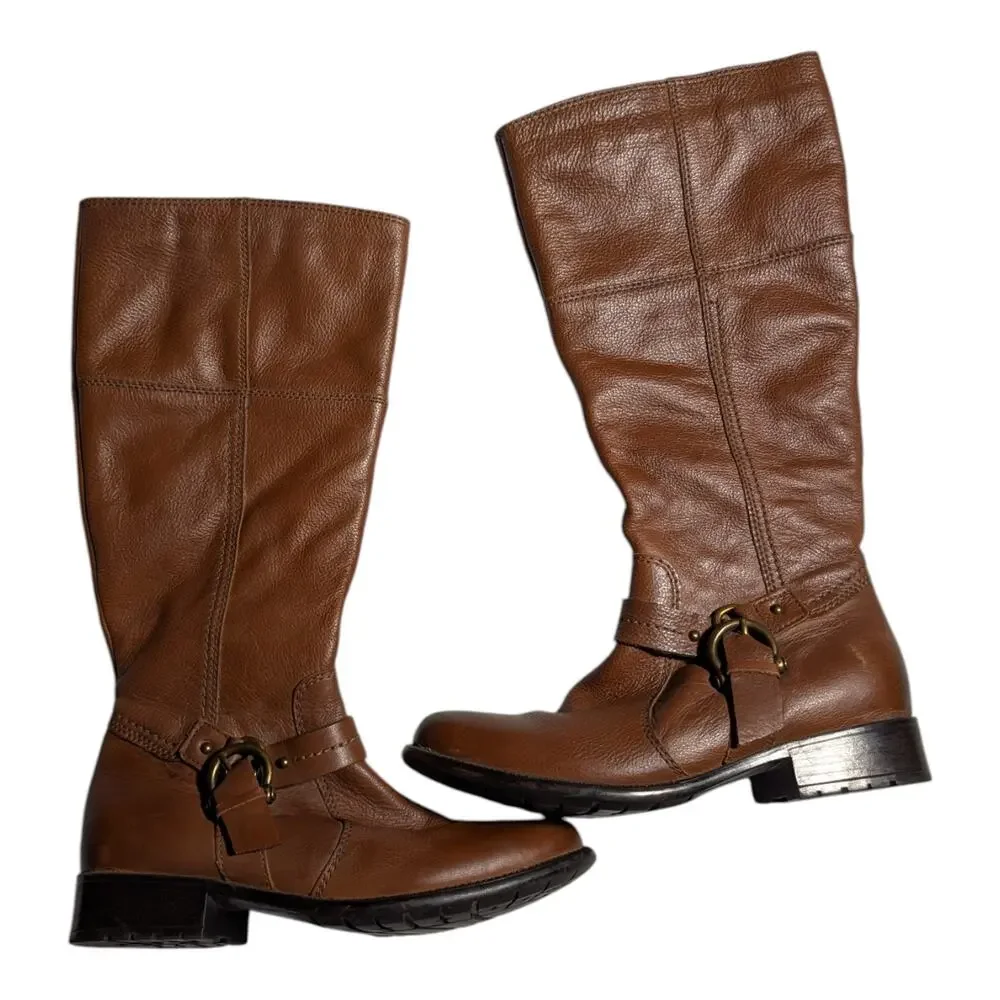 Clarks Plaza Pug Cognac Brown Leather Harness Knee High Flat Riding Boots Sz 7.5